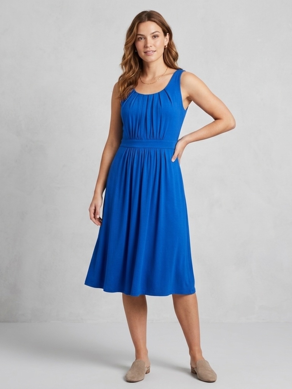 Boden Royal Blue Pleated Neck Sleeveless Jersey Swing Dress Pockets US 4P